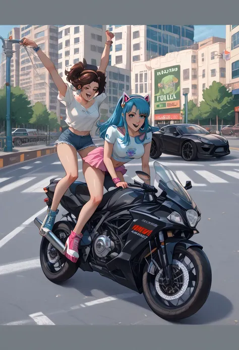 two women on a motorcycle in the middle of a city street, riding a motorcycle, motorcycles, sitting on a motorcycle, riding a motorbike, motorcycle, reddit meme, riding on the road, futuristic suzuki, cute girls, motorbike, rides a bike, wheelie, riding a ...