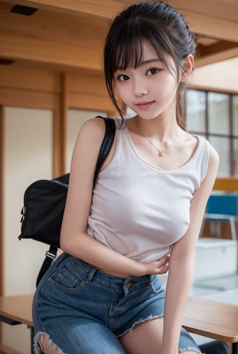 Asian cute girl, , a little , with T-shirt and No pants, big breasts, baby face, tiny , tiny body, short arms, short legs, bending forward, exposing her cleavage, solo, smile, Highest quality, masterpiece:1.3, Ultra-high resolution), (Very detailed, Causti...