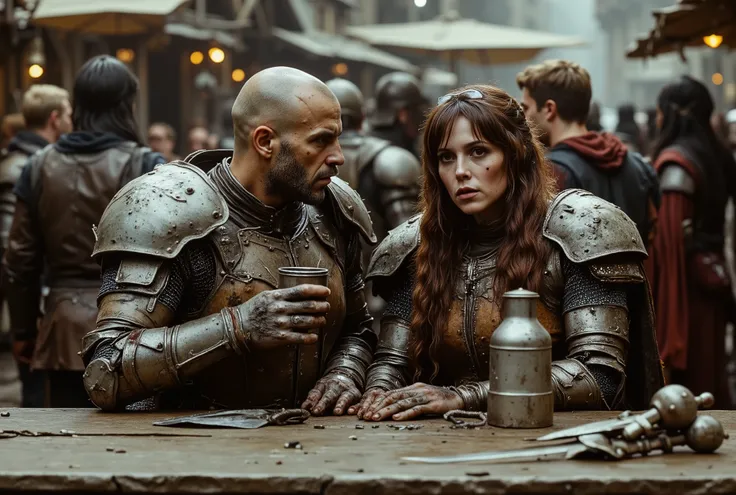 2 people sitting at a table in a crowded, rowdy medieval beergarden: Person 1: A haggard, Caucasian male knight in dented, blood-streaked platemail armor sitting at a scarred picnic table in a crowded, rowdy medieval beergarden, shaven brown hair crewcut ...
