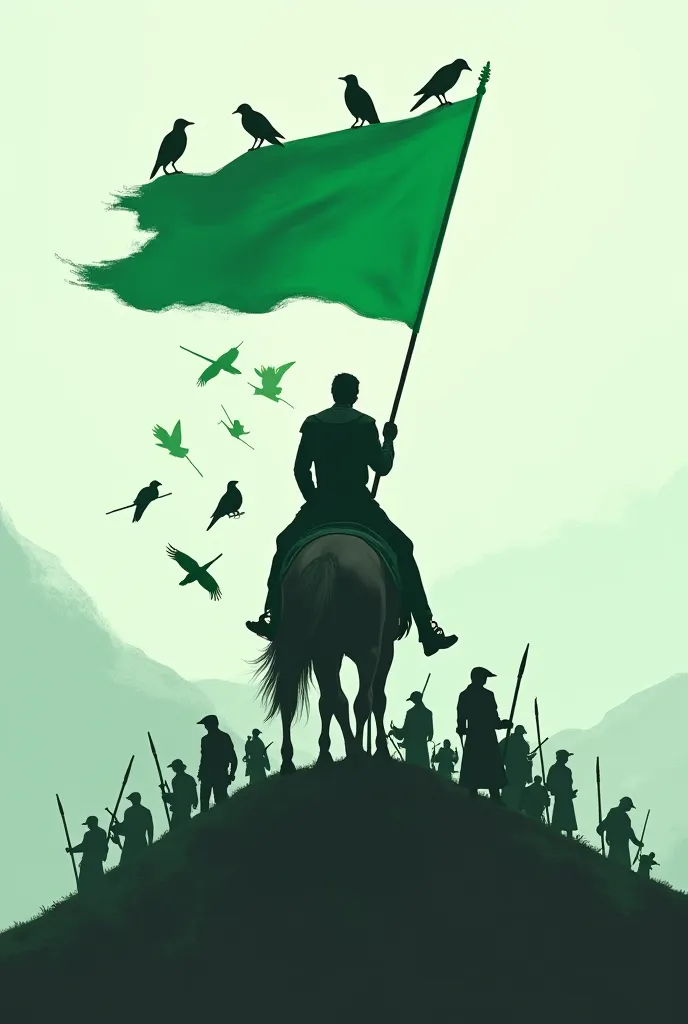 Create a picture for me of a man riding on a horse while he is in war standing on a hill (A plateau with armies around it making green flags.)
Above it is a group of crows, a black and white picture and the banners remain clear in green