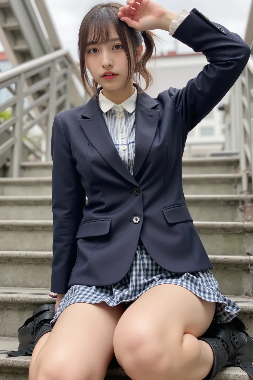 　 best image quality、score_9,  score_8_ up 、masterpiece、(from below:1.5)、1 Japanese girl、female high school students、uniform、blazer、miniskirt、panties、(thick thighs:1.4)、At the top of the stairs、station