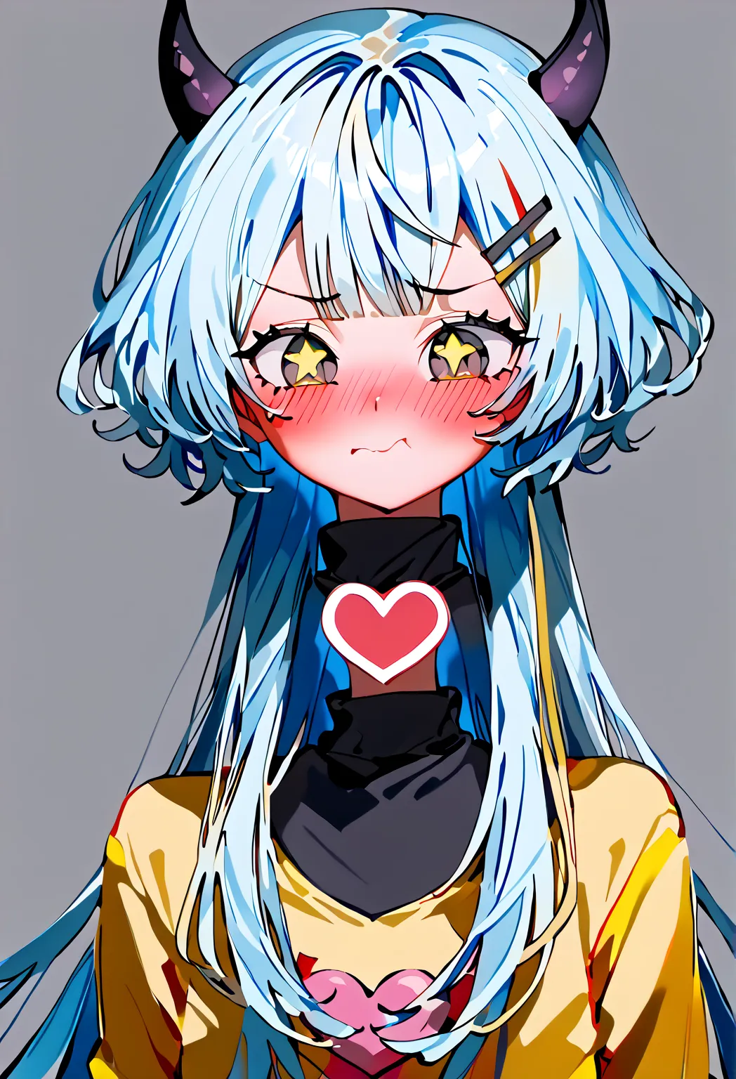 (gray background, simple background), (upper body) , ( masterpiece) ,(best quality), ( pastel ), ((( standing in front of a straight looking screen))), ((( red cheeks, embarrassed face, eyes slightly open wide))), (((heart-shaped handle))), long blue hair,...