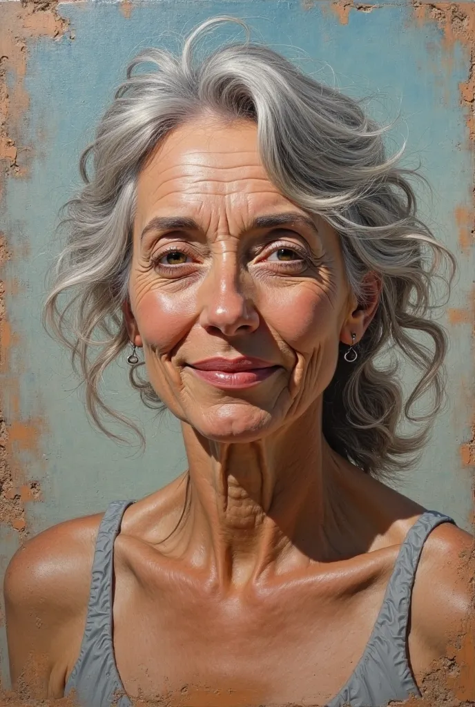 oil painting on a textured, stretched canvas, depicting a mature woman with soft, wrinkles etched on her face, likely in her twenty, with a subtle, knowing smile, her silver hair styled in loose, flowing waves, inspired by the poignant portraiture of Paul ...