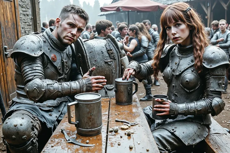2 people sitting at a table in a crowded, rowdy medieval beergarden: Person 1: A haggard, Caucasian male knight in dented, blood-streaked platemail armor sitting at a scarred picnic table in a crowded, rowdy medieval beergarden, shaven brown hair crewcut m...