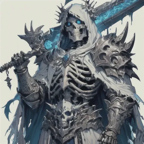 a close up of a skeleton with a sword and a sword, undead Skeleton King, Dead-Alive Lich, beautiful god of death,  Death Knight,  skeleton warrior , d & d Lich, Skeleton Knight, Skeleton King, the LICH KING, Lich,  (d&d), LICH KING,  undead knight ,  Death...