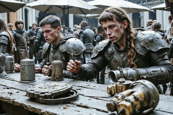 2 people sitting at a table in a crowded, rowdy medieval beergarden: Person 1: A haggard, Caucasian male knight in dented, blood-streaked platemail armor sitting at a scarred picnic table in a crowded, rowdy medieval beergarden, shaven brown hair crewcut m...