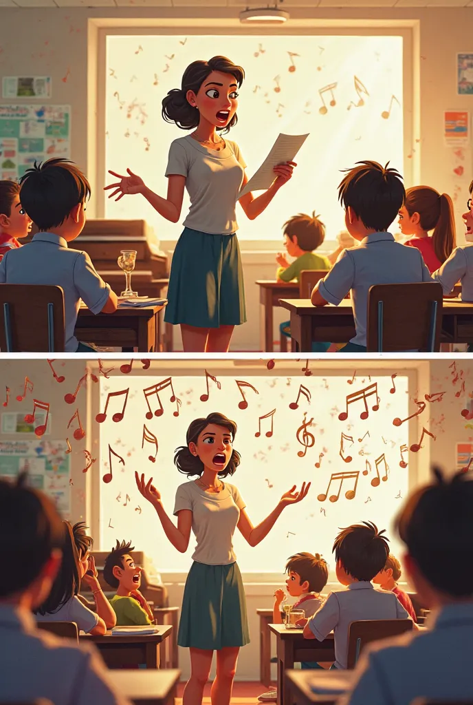 In the first panel, a music teacher stands at the front of a bright classroom, singing passionately. She holds a sheet of music in one hand and gestures gracefully with the other. Her face is calm and focused, eyes closed as she sings. Musical notes float ...