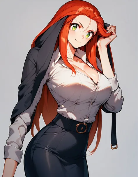  1 woman in her 30s, long hair, red hair, green eyes, clothes dressed in office clothes close to the body, big breasts, sexy and happy body