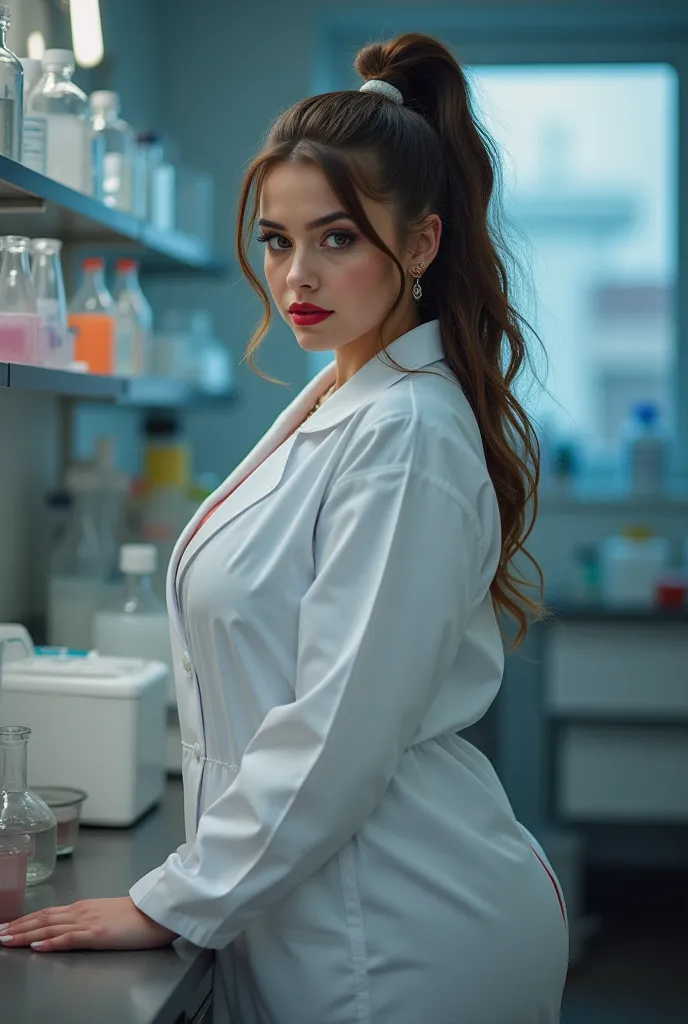 age 18 year old girl wearing a formal lab coat , curvy body, Sensual angry face , thick red lips ,  buttocks protruding back , Sideways standing pose ,  is in chemicals laboratory , both hands holding a desk in the laboratory , ( Side view),