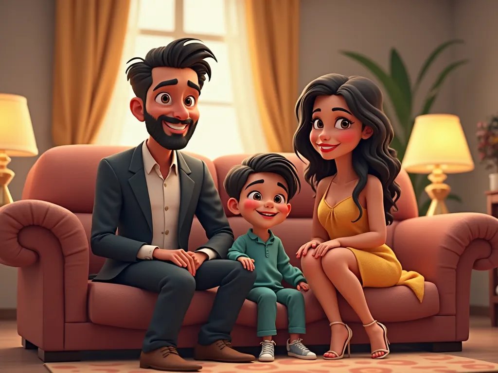 Image Prompt:

"Scene of a rich and happy family - in a grand, modern drawing room, where three people are sitting smiling. Ravi Mehra, an attractive and confident businessman, is sitting on a couch wearing a suit,3D cartoon animation