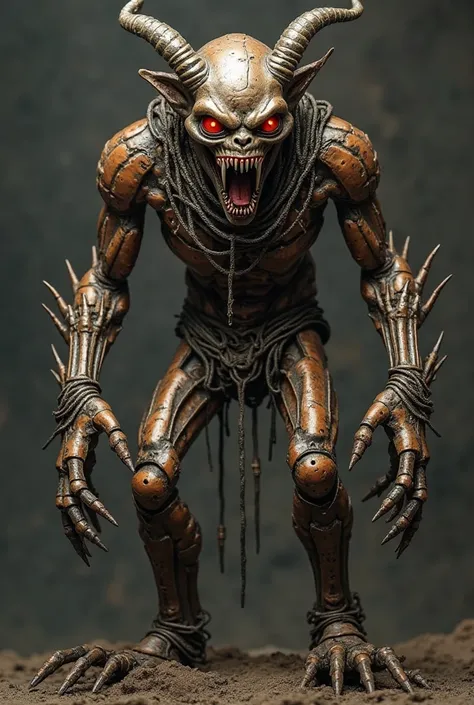 Create an image of a demonized paranormal creature born out of metal (mostly out of copper and bronze) which has razor sharp teeth and an upside-down head with blasing orange eyes and long hands with long metal fingers those can pierce through metal itself...