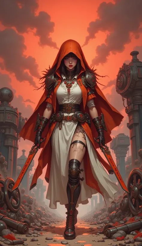 Utak atik prompt nya bang Baron 

Skew view. A female assassin in a battle-worn white and red kimono, infused with complex bio-mechanical components, moves through rusty ruins. Her reinforced mecha armor is scarred and cracked, with two long orange shields...