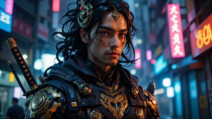 The Cyberpunk Indonesian Samurai steps forward into the flickering glow of a malfunctioning neon sign, his battle-hardened face now fully visible. His high cheekbones and strong jawline are illuminated by electric-blue city lights, highlighting the battle ...