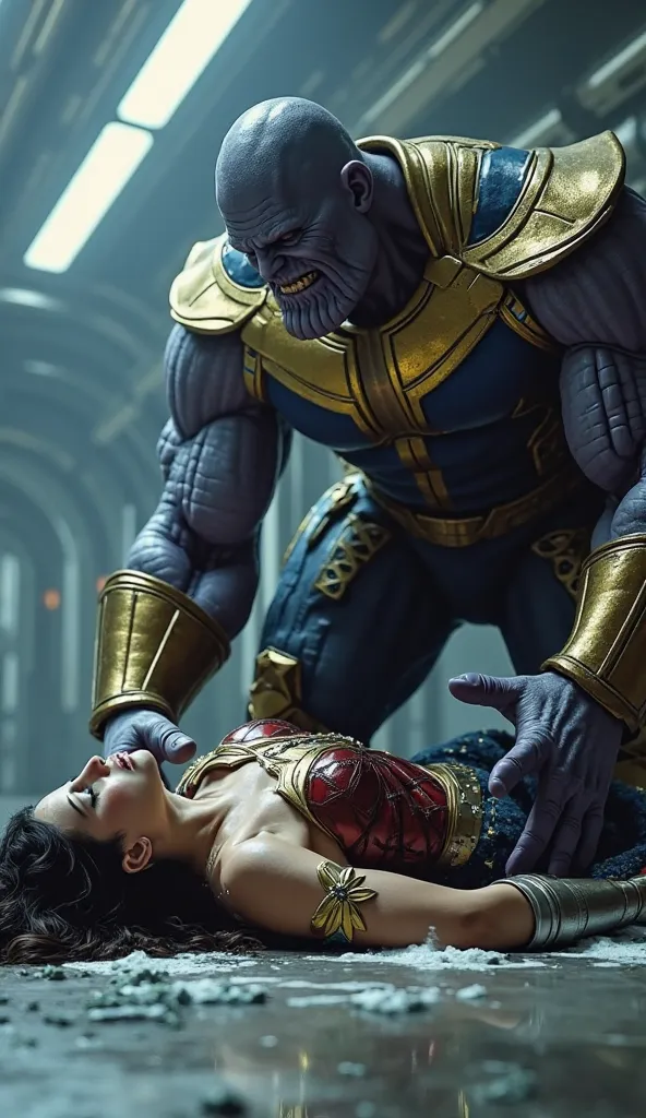 Unconscious Wonder woman on ground, Thanos is standing infront and peeing over her body,white milk like substance on her mouth to breasts , inside a spaceship 