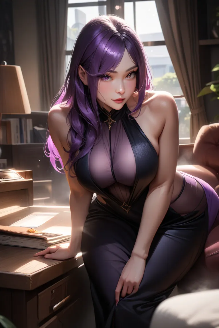 1 girl, Yukie Kujo, purple bunch of hair , living room background, (( huge breasts)), Bust Enlargement , Body Curves, naked、slender body