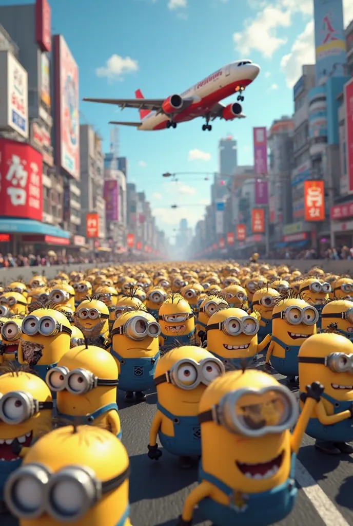 Generate a video of 100 minions taking a plane to Japan and Japan and drifting then eating sushi 