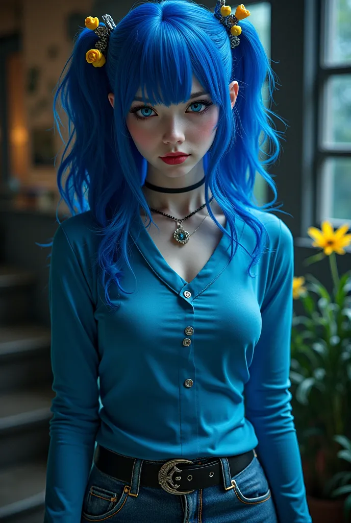 Japanese vampire woman with blue hair blue sweater blue jeans and yellow nails 