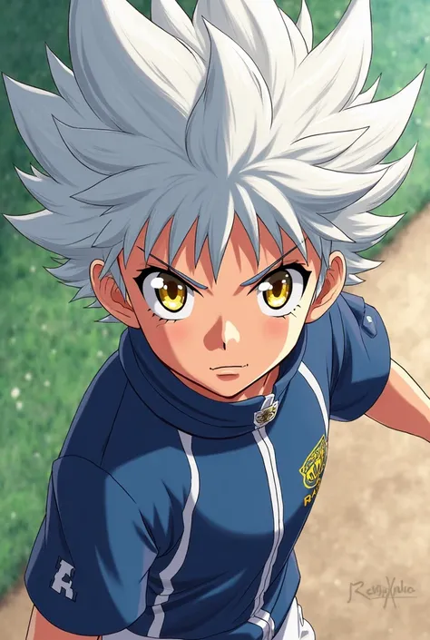 (maximum quality, best quality,  official art ,  beautiful and aesthetic :1.2)  Inazuma Eleven, Boy with white hair , anime style,  Yellow Eyes, wearing the uniform of Raimon .
