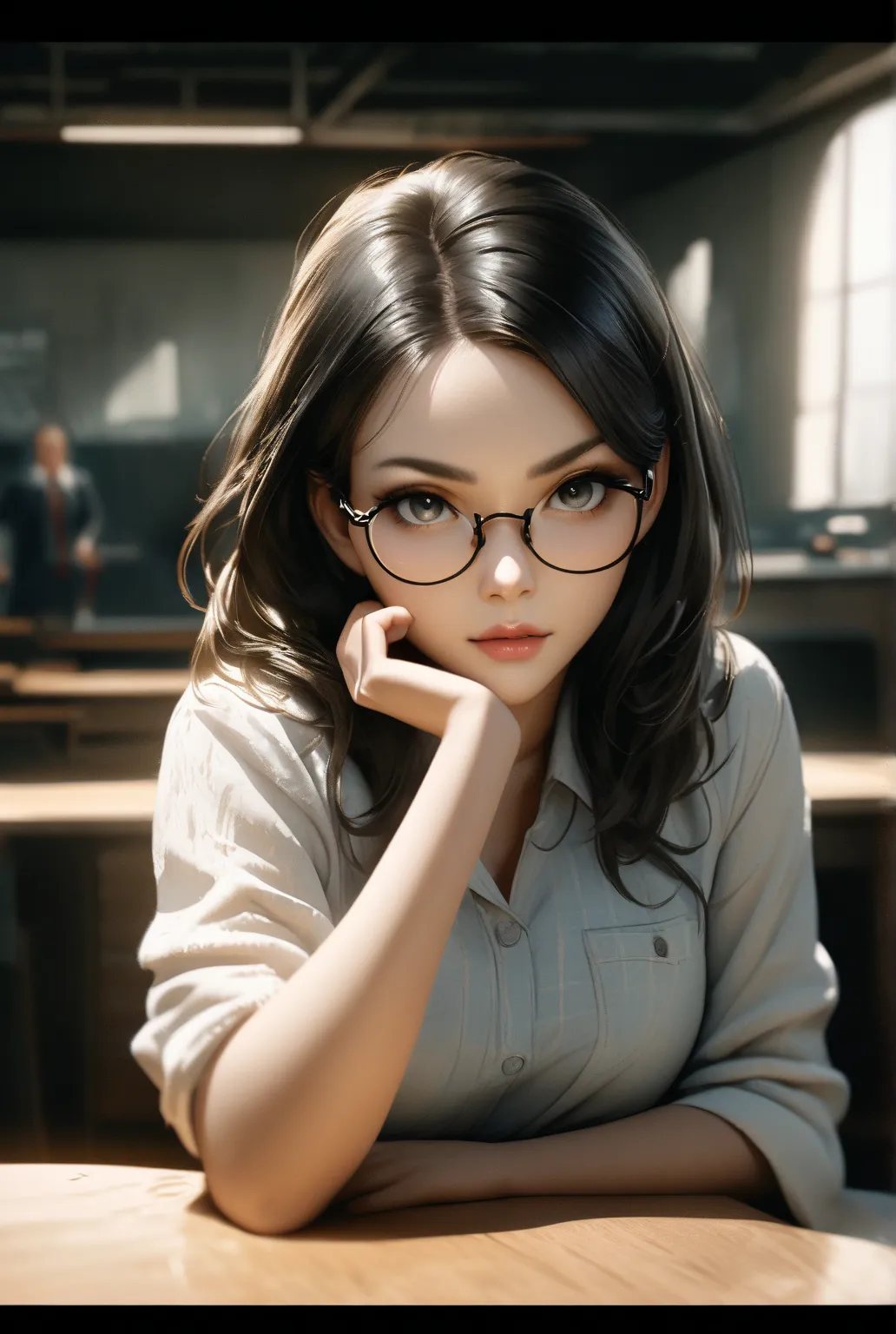 Mind Control、black hair short hair with shining right hand、 office、glasses、Beautiful breasts、 round and round