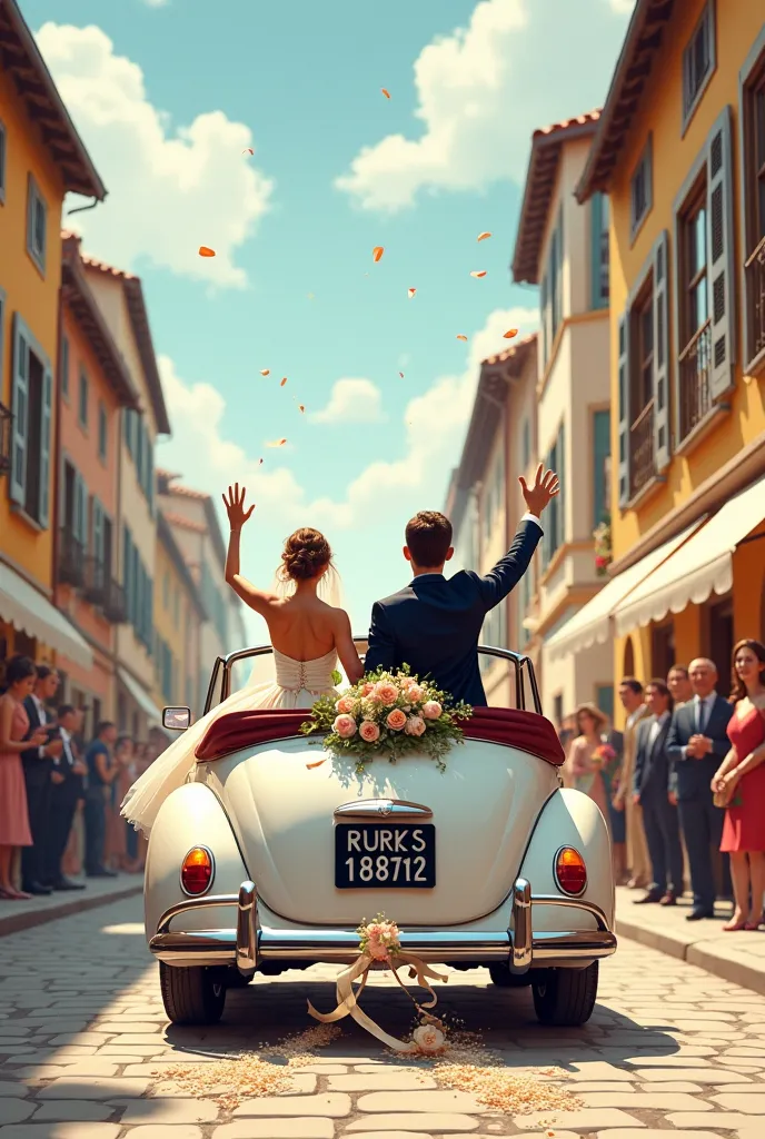 Composition on the theme "Wedding". Wedding car is leaving. Cans are attached to the back on ropes. Rear view. Europeans. Vector format, realism level is below average. High resolution