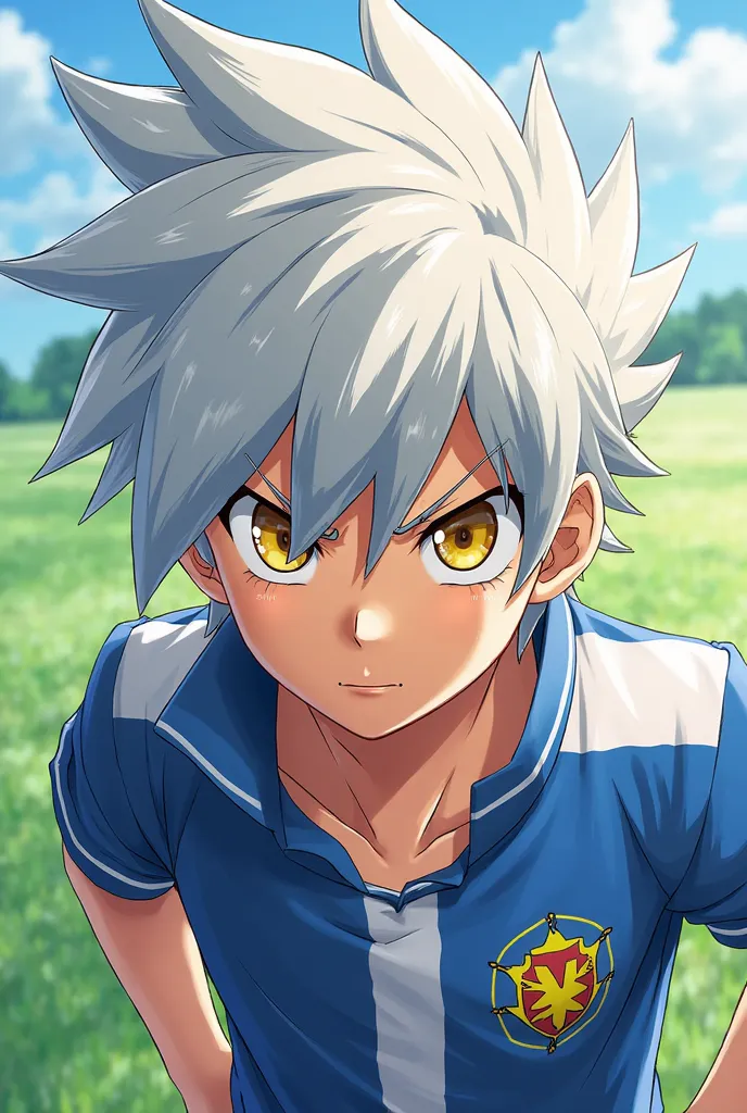 (maximum quality, best quality,  official art ,  beautiful and aesthetic :1.2)  Inazuma Eleven, Boy with white hair , anime style,  Yellow Eyes, wearing the uniform of Raimon .
