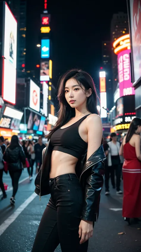 A beautiful Japanese woman is captured from the front as she walks through the bustling, chaotic environment of Times Square at night. She is wearing stylish, urban clothing, a leather jacket, a sports bra, black jeans and bold accessories, and her long, d...