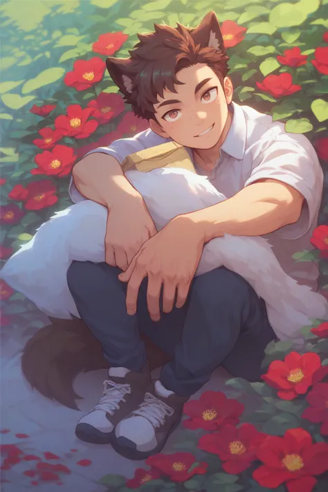 Male, short brown hair with wolf ears, casual sexy outfit with red flower details, wolf tail, freckles, male, strong alpha wolf male