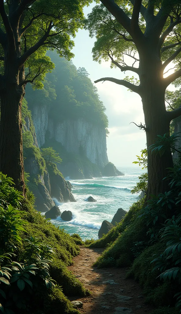 An island covered in thick forest, distant waves crashing.