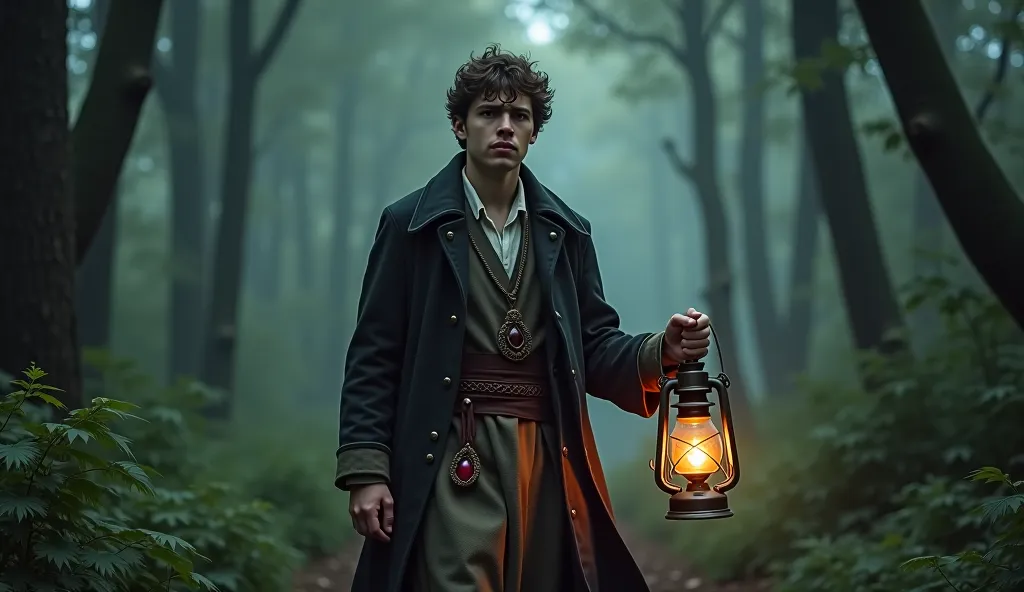 A young scholar in period clothing, visibly distraught, wanders through the forest. He holds a protective amulet in one hand and an ancient lantern in the other, its flickering light barely illuminating the path ahead. His face is etched with fear and exha...