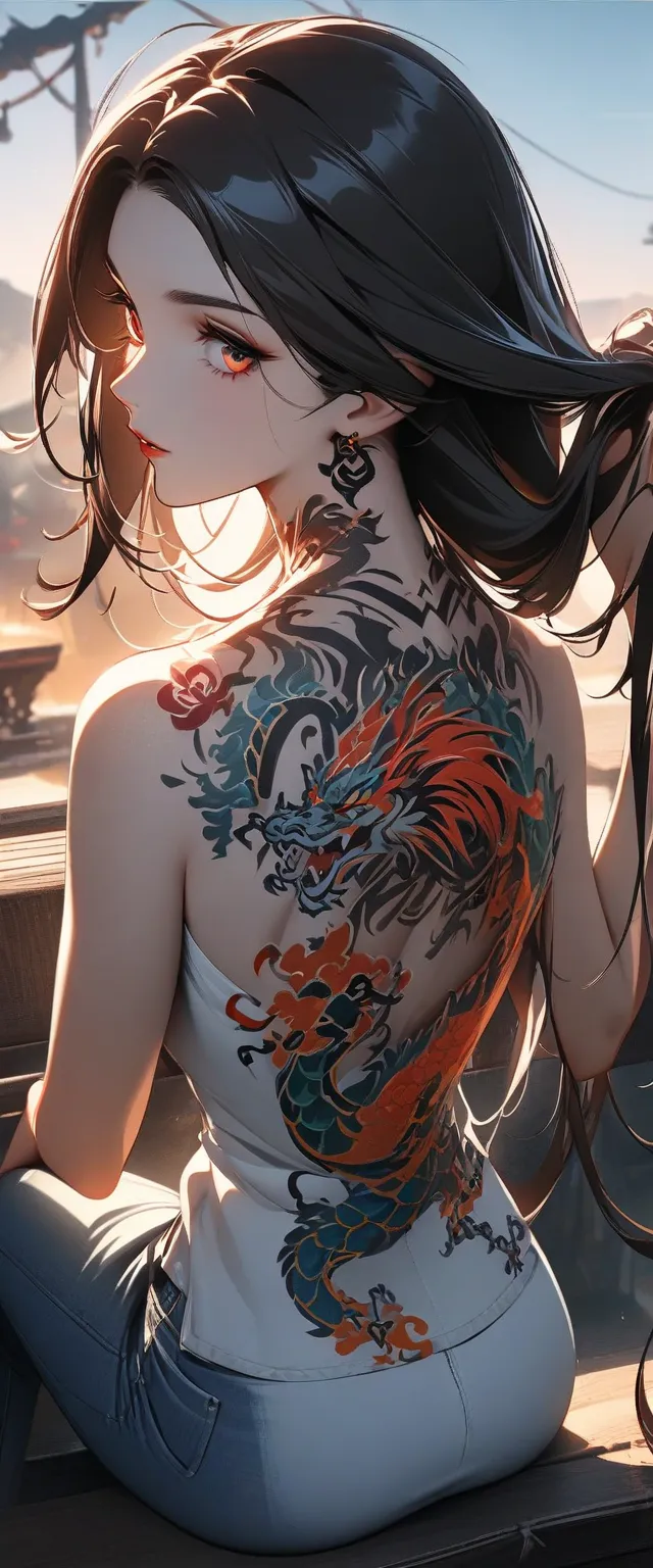 (has the best quality:1.2, Very Detailed,  latest,  energetic , Ultra High Resolution, high contrast,  masterpiece:1.2, has the best quality,  Best Aesthetics), (((1 girl))),  Looking from the back , Tattoo of a dragon on the back,  back tattoo ,  beautifu...