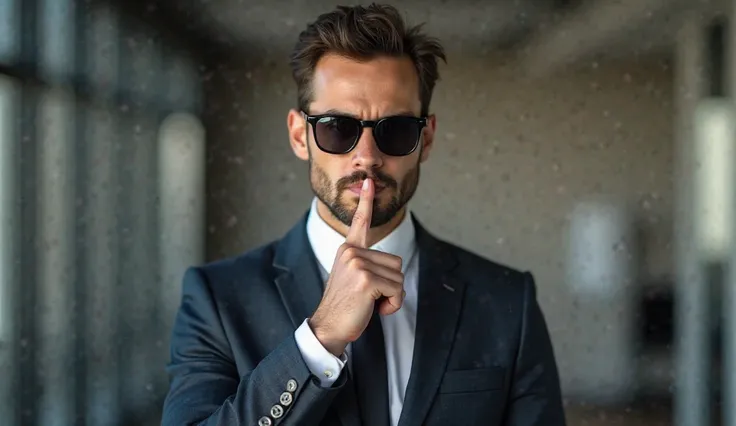 "An ultra-realistic, ultra-clear, and ultra HD 4K digital rendering of a man standing straight with his finger on his lips, as if signaling to be quiet. He is wearing a professional office outfit, consisting of a well-fitted formal suit, a neatly pressed d...