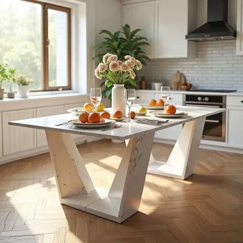 elegant travertine in sunny kitchen with large window {x} marble dining table, 2pcs v-legged, in sunny kitchen with large window, under wooden tiled floor, white subway tiles on wall background, flower vase on, dinnerware, apple, oranges, napkin and wine g...