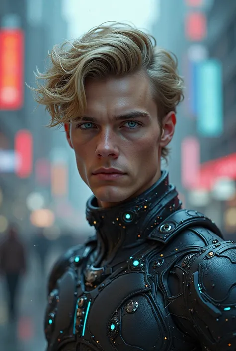 Young blond Russian man with blue eyes and cyberpunk outfits, with plugs on the neck