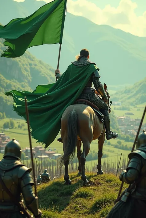 Create a picture for me of a man riding on a horse while he is in war standing on a hill (A plateau with armies around it making green flags, a man, a detailed face, body position, expression, action, reasonable details, with crows in the sky, quality, pro...