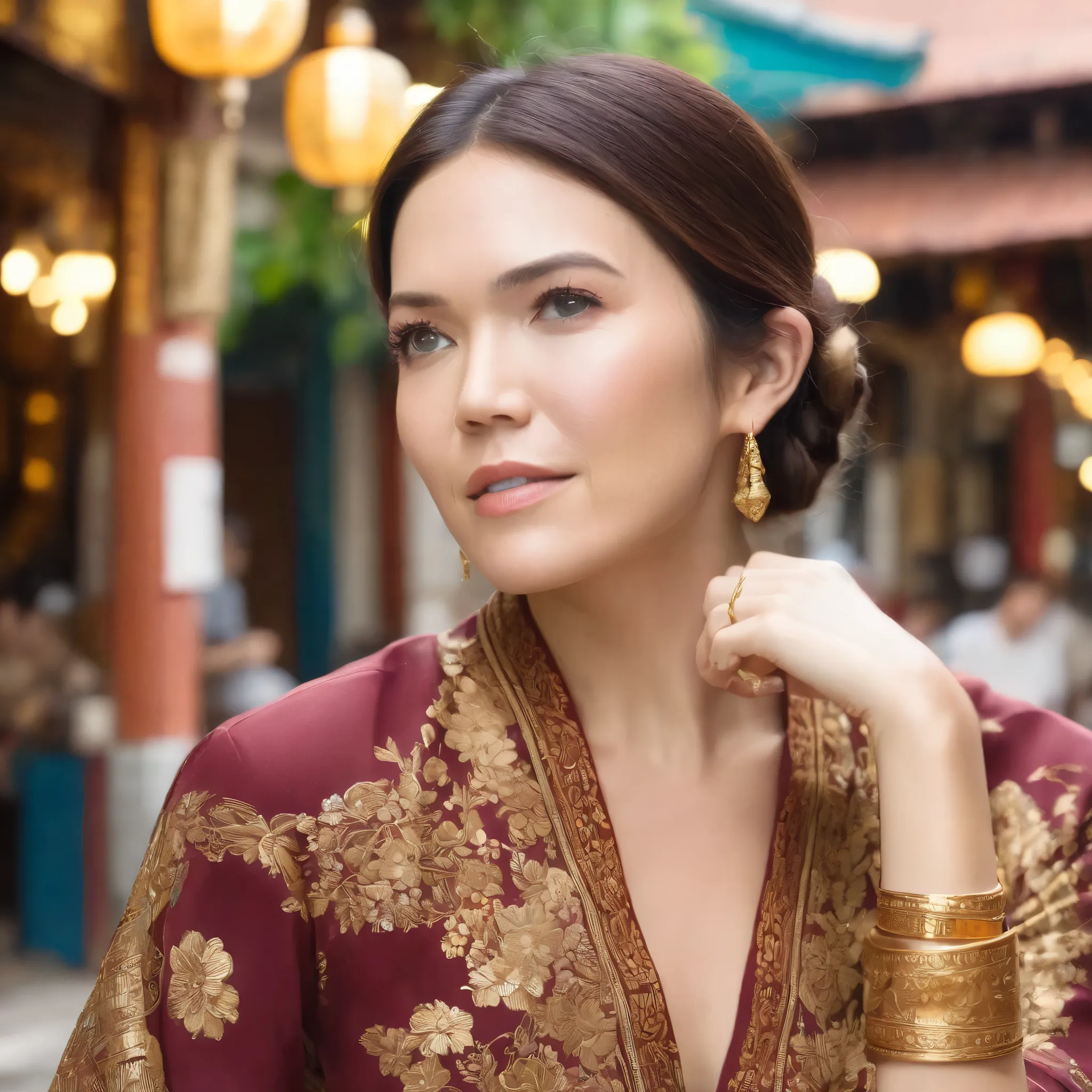 best quality, highres, 8k, masterpiece, photography, detailed midbody photorealistic portrait. Wearing a vibrant maroon kebaya with gold-threaded floral embroidery and a batik sarong, Mandy Moore walks through Kampong Glam, home to Singapore’s historic Mal...