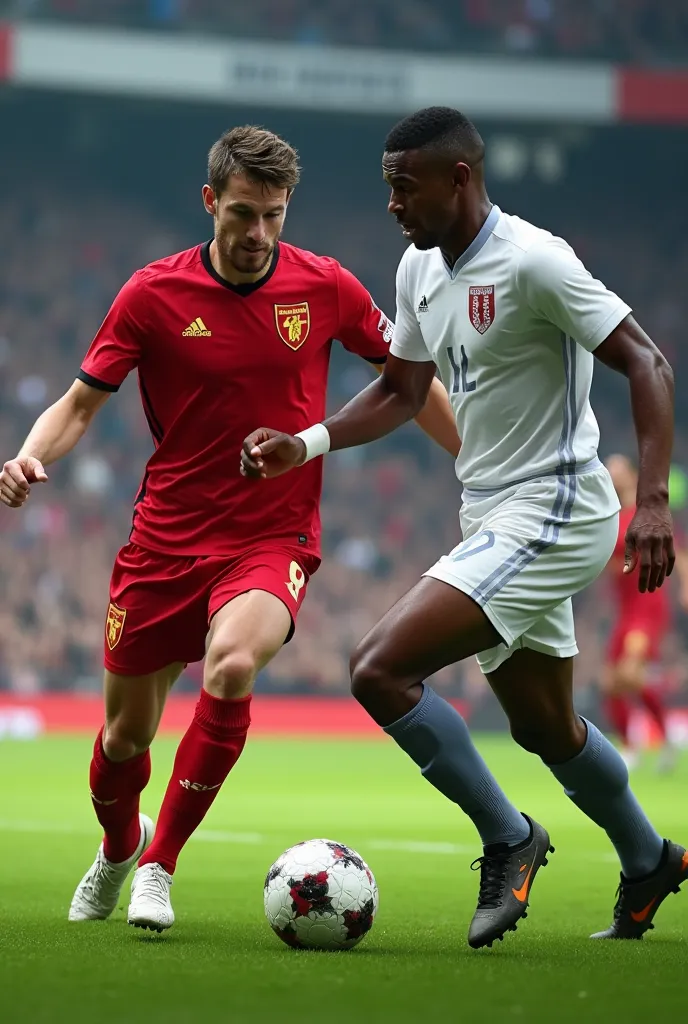 Make an image of a soccer match in a ball contest but one player will be wearing a red jersey, Red shorts and white socks and the other one will be wearing white shorts white shorts and black socks.

