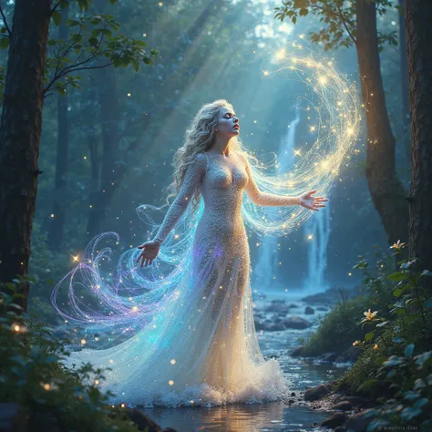 A mystical, multidimensional being singing in a powerful yet serene voice, with waves of vibrant, sparkling magic emanating from its body. The being is translucent and radiant, its form glowing with shifting colors that reflect the energy of the universe. ...