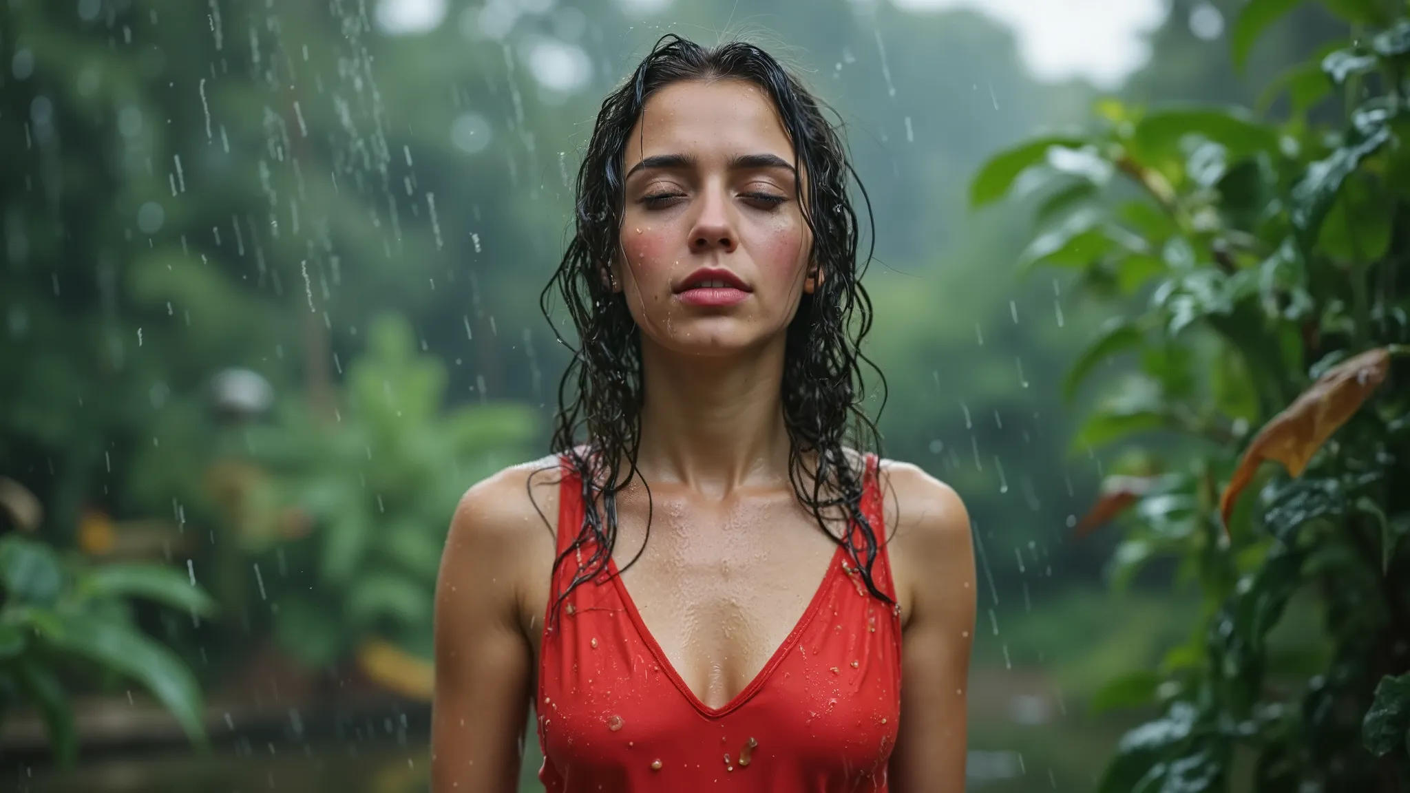 A photorealistic headshot image of a beautiful 18-year-old woman wearing a red dress, standing in a garden in the torrential rain.  She is absolutely soaked.  Her her has gone all straggly and her makeup is running.