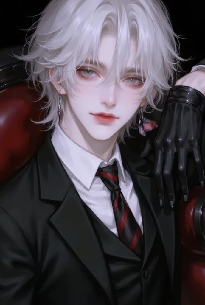  The Beautiful Darkness of One Person in the Tattered Anime full body Boy、 midnight、Dark illustration、20 years old、  White hair, Japanese-Korean villain. Half、, flowing Very well、Lightly draw、Short white hair、 Hair, handsome and neat 、The mischievous face ...