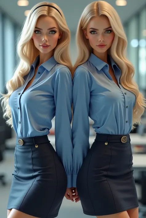 Two elegant beautiful Dutch interns standing on a desk showing their boots. Hands behind back, age 21, sexy, silicones, large round fake breasts, green eyes (Masterpiece, 4k resolution, ultra-realistic, very detailed). Long bright blonde hair with hairband...