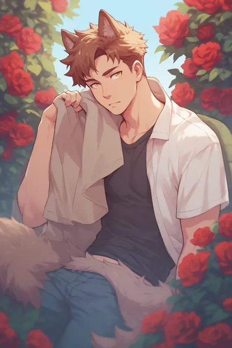 Male, short brown hair with wolf ears, casual sexy outfit with red flower details, wolf tail, freckles, male, strong alpha wolf male