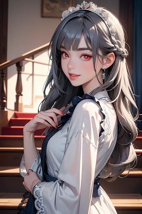 (Best Quality, masterpiece:1.2), Hi-Res, 最高masterpiece、very detailed, realistic:1.37,   fantasy, illustration,gray hair、 (((red eyes:1.25))).. queen, white dress、beautiful、 Eye Shadow Red   、  thick eyebrows、long lashes、Lips are shiny、Top Sites、  queen、pri...