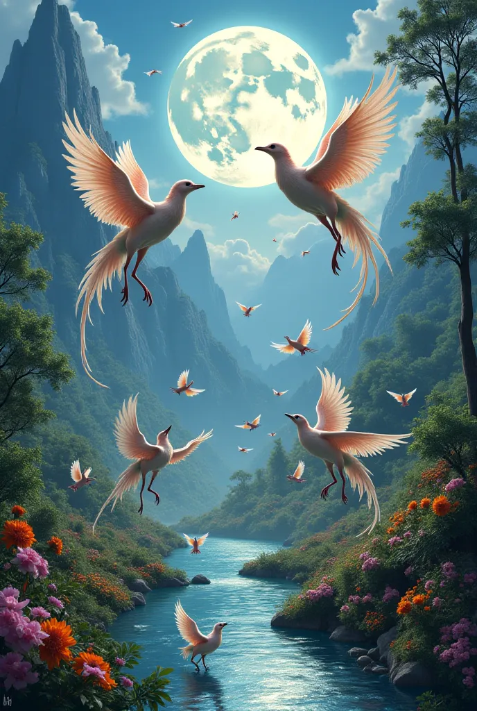 Big-winged Kinnari playing in the water, full moon, mountains, trees, flowers, streams, many Kinnari, birds flying in rainbow 