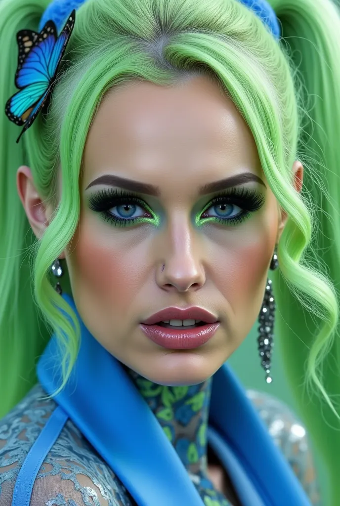 incredibly long and voluminous eyelash extensions, bright green makeup ,  green hair, two tails,  diamond earrings  , collar, bright blue lips, blue butterfly clip on the side of the hair