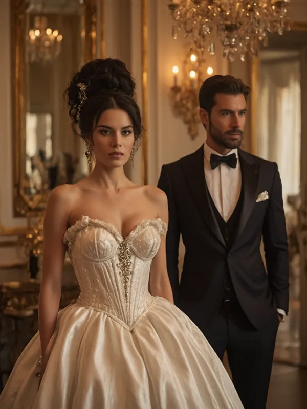 (best quality, ultra-detailed, intricate textures:1.3), (masterpiece, cinematic lighting, dramatic composition:1.3)

In the foreground, A mysterious, confident woman stands in an opulent mansion interior, exuding hidden power and sophistication. She is the...