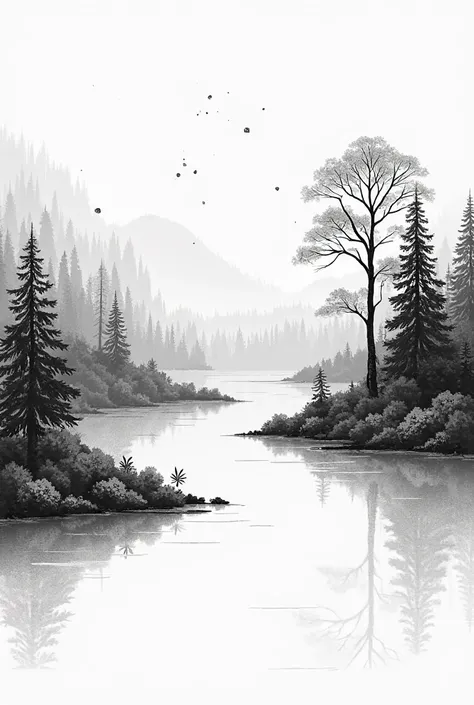  Nature with lake drawing by black pen and black shadow