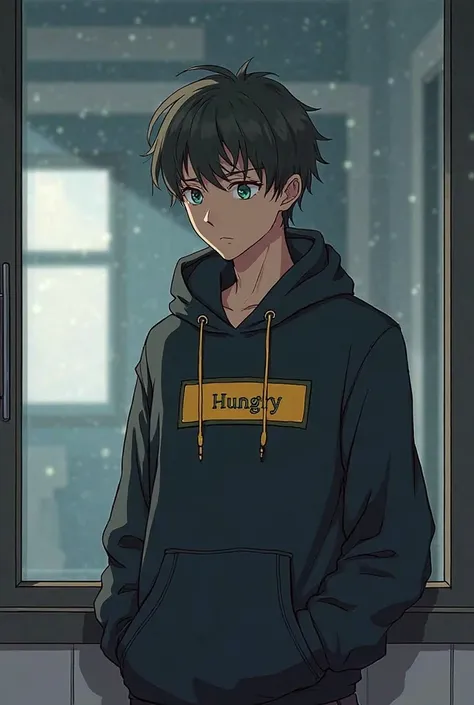 - **Image Type:** Anime-style image
 
- **Gender:** Male
 
- **Location:** Near a window
 
- **Pose:** Standing straight near the window, looking forward with a sad expression
 
- **Color Style:** Vintage color scheme
 
- **Clothing:** Black hoodie with a ...