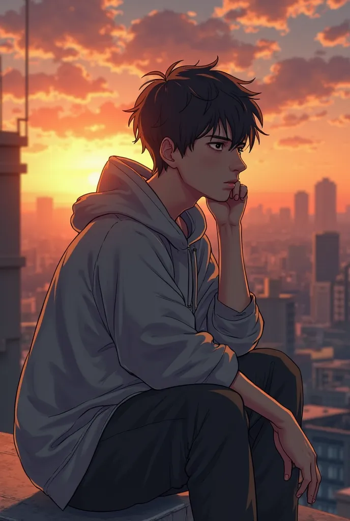 A 25-year-old thoughtful boy sitting on a rooftop at sunset, wearing a grey hoodie, black hair, emotional face, realistic art style.
