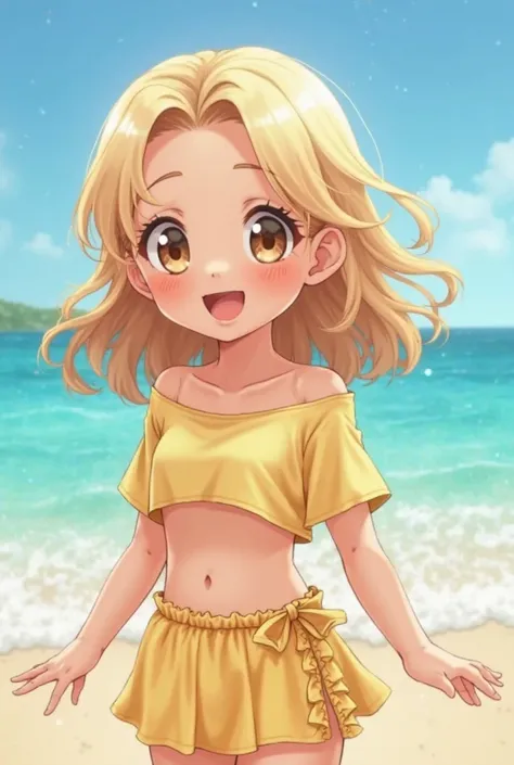 (((     / baby )))wearing a light yellow cropped beach top with sleeves and a light yellow beach skirt also with ruffles , with a cheerful and lively face     ,  eye with a dark brown pupil , In a sea on a beach ,     medium and long wavy light blonde hair...