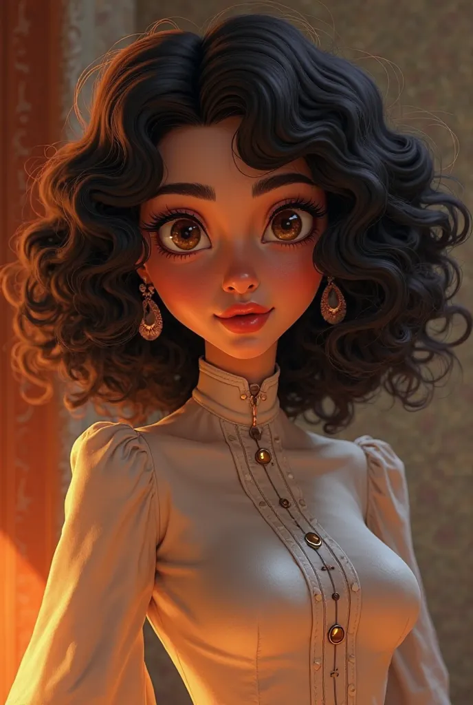 Create character for logo and profile picture for Free Fire women's Curly, white, honey brown eyes, piercing na boca/nose and e with a long sleeve blouse and high collar black hair with a background close to Pixar